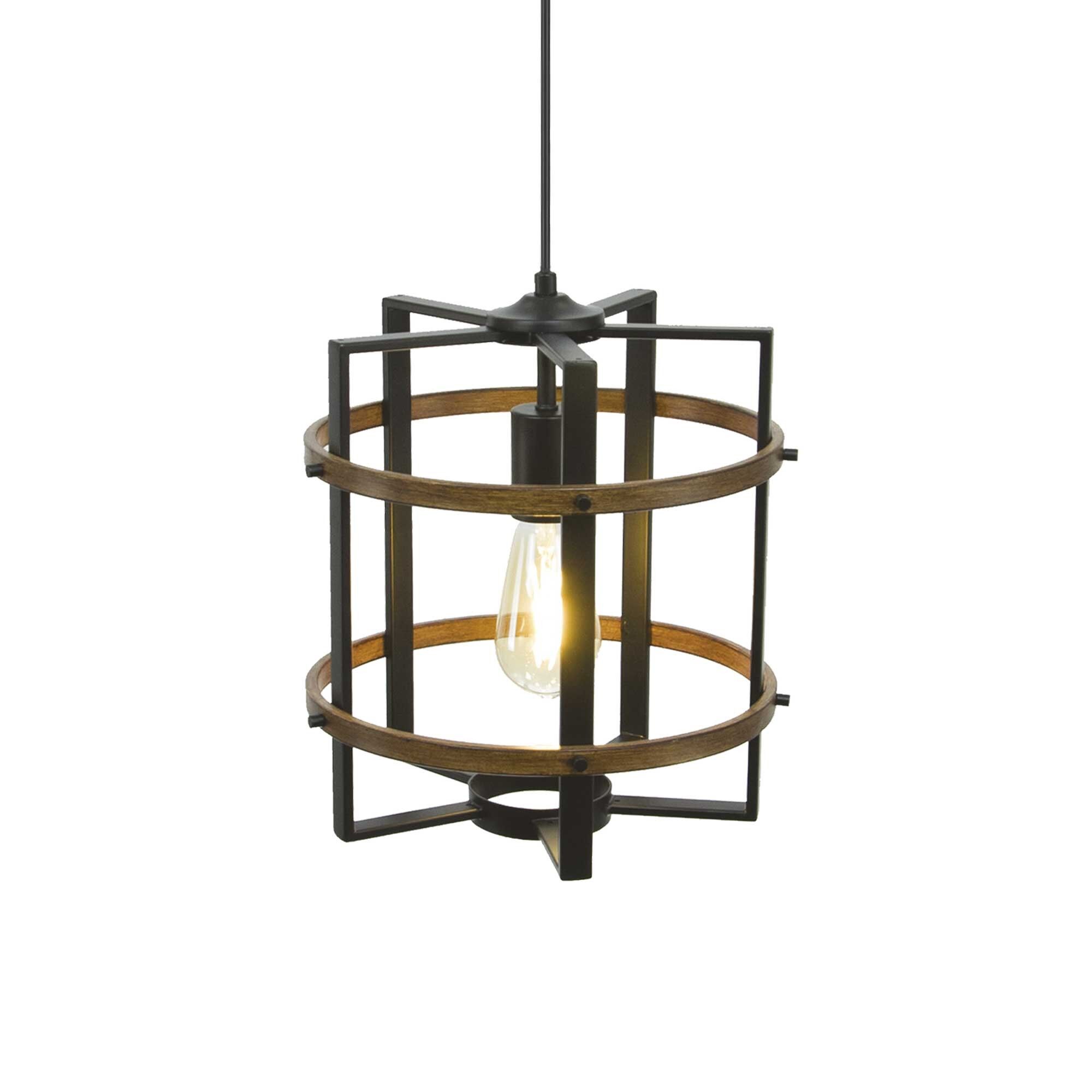 Pendelleuchte Rooli aus schwarzem Metall und Metall in Holzoptik