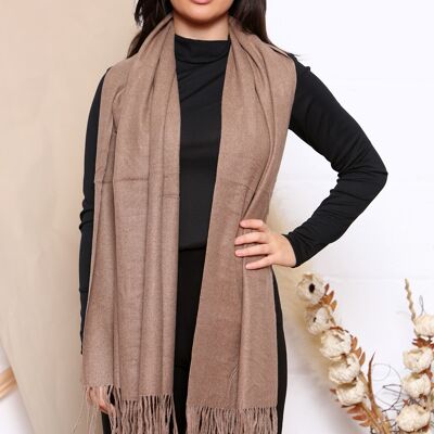 sciarpa invernale in misto cashmere fine tinta unita taupe con nappe