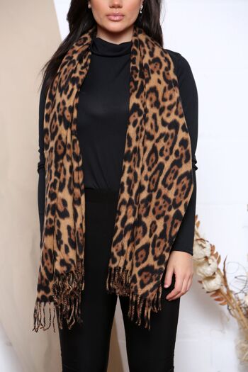 écharpe d'hiver en laine mélangée à imprimé léopard marron 3
