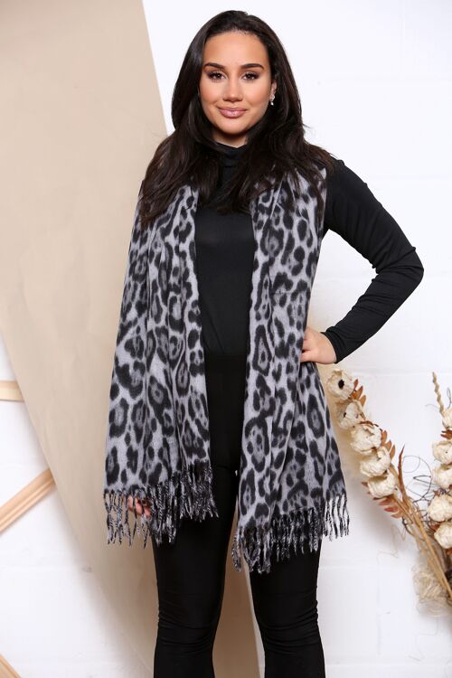 grey leopard print wool mix winter scarf