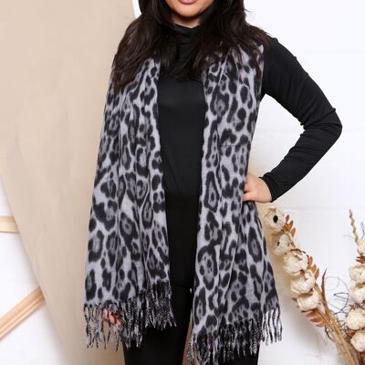 écharpe d'hiver en laine mélangée grise à imprimé léopard