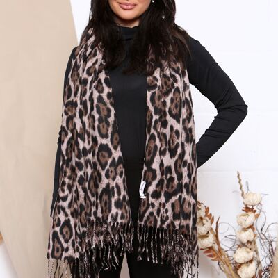 taupe leopard print wool mix winter scarf