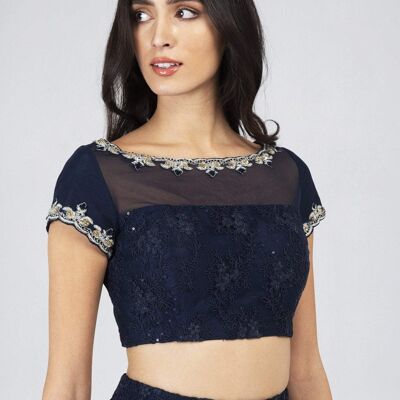 Navy Lace Cap Sleeve Blouse