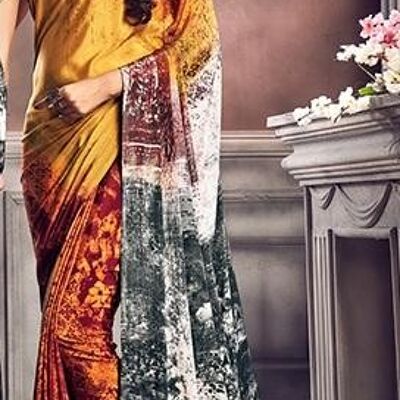 Digital Print Saree 7508 - Mustard/Orange Print