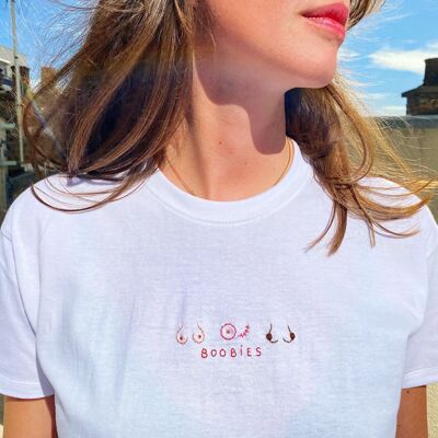 Boobies Hand Embroidered T-Shirt - Pink October