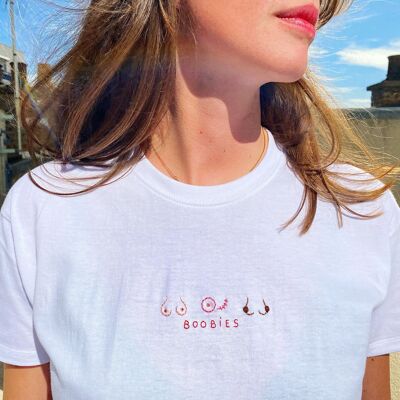 Boobies Hand Embroidered T-Shirt - Pink October