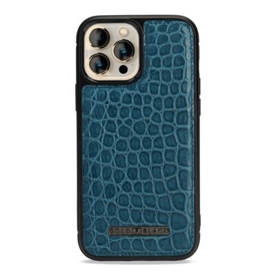 Etui cuir iPhone 13 Pro Max MagSafe crocodile bleu pétrole