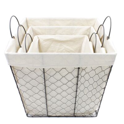 SET 3 BASKETS SQUARE WIRE AND COTTON 35X35X38CM