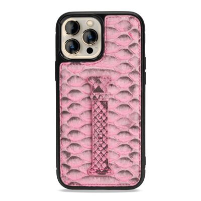 Custodia in pelle per iPhone 13 Pro Max con passante per le dita rosa pitonato