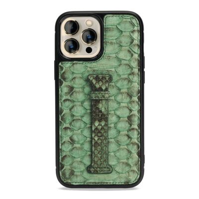 iPhone 13 Pro Max leather case with finger loop python green
