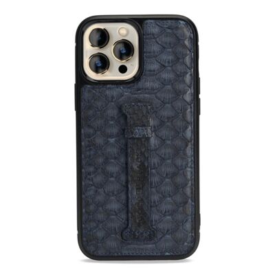 iPhone 13 Pro Max leather case with finger loop python navy blue