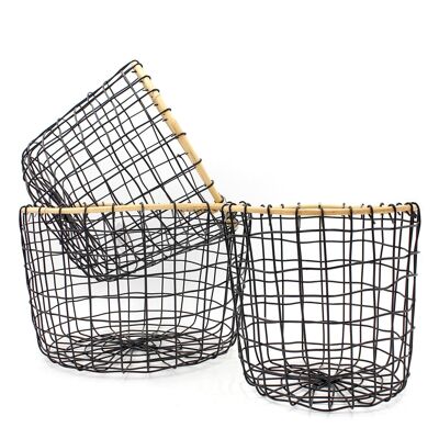 SET 3 ROUND BASKETS BLACK WIRE