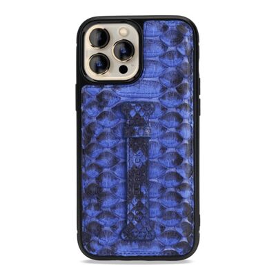 iPhone 13 Pro Max leather case with finger loop python blue