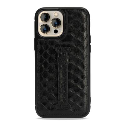 Étui en cuir pour iPhone 13 Pro Max avec boucle pour les doigts python noir