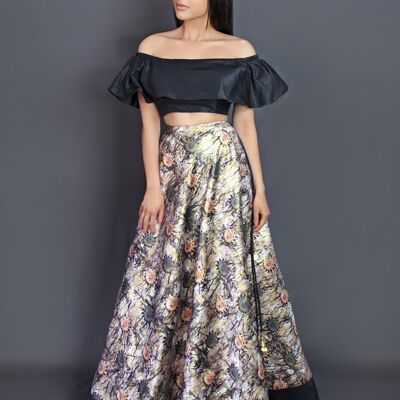 Falda Vintage Rose Tuxedo 3 con top bardot con volantes Lehenga de 2 piezas