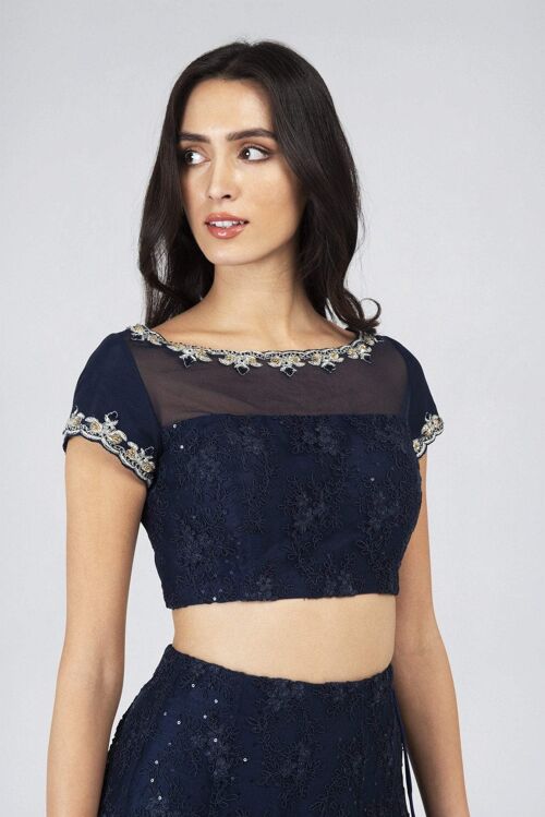 Navy Lace Cap Sleeve Blouse