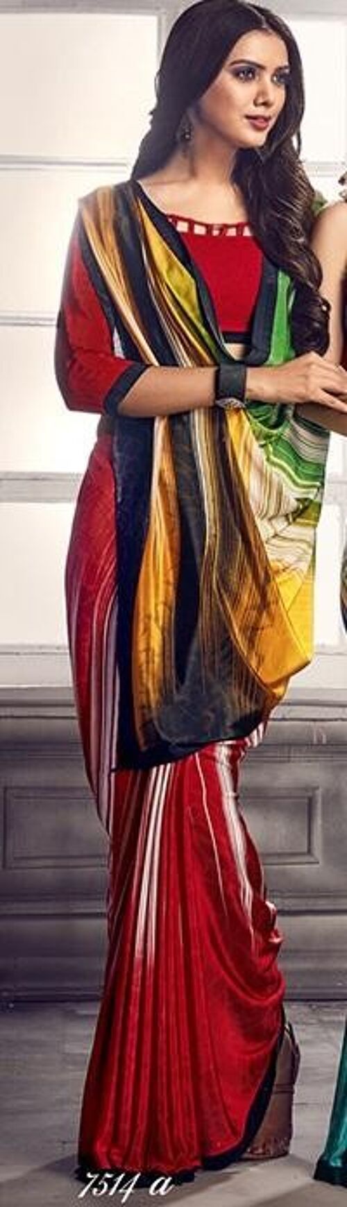 Digital Print Saree 7514 - Red/Mustard/Green Print