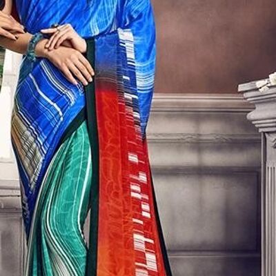 Impression Numérique Saree 7514 - Imprimé Bleu/Jade/Rouge