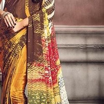 Sari con estampado digital 7510 - Estampado mostaza / marrón