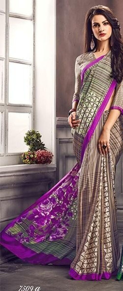 Digital Print Saree 7509 - Magenta/Beige Print