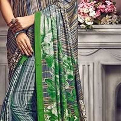 Digital Print Saree 7509 - Emerald Green/Beige Print
