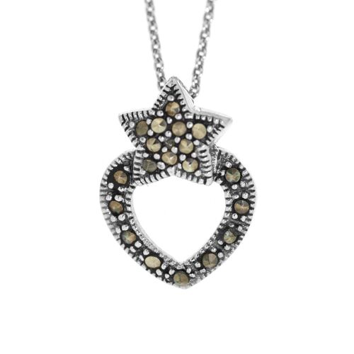 Nova Marcasite Silver Heart and Star Pendant with 18" Trace Chain and Presentation Box