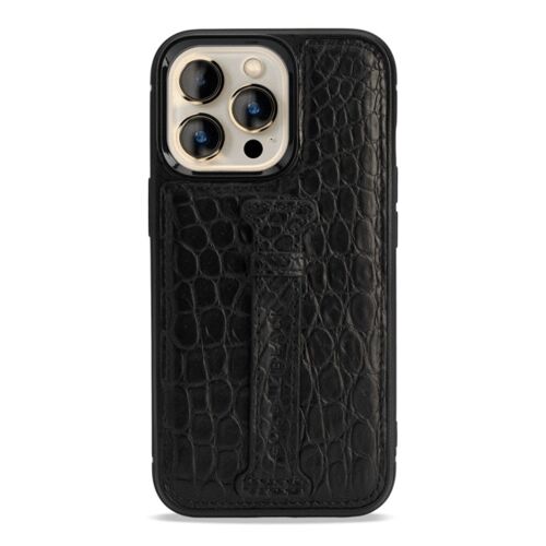 iPhone 13 Pro Leder Case mit Fingerschlaufe Krokodil schwarz