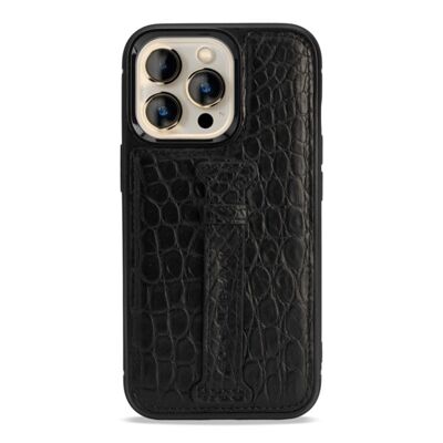 Funda de piel para iPhone 13 Pro con lazo para el dedo cocodrilo negro