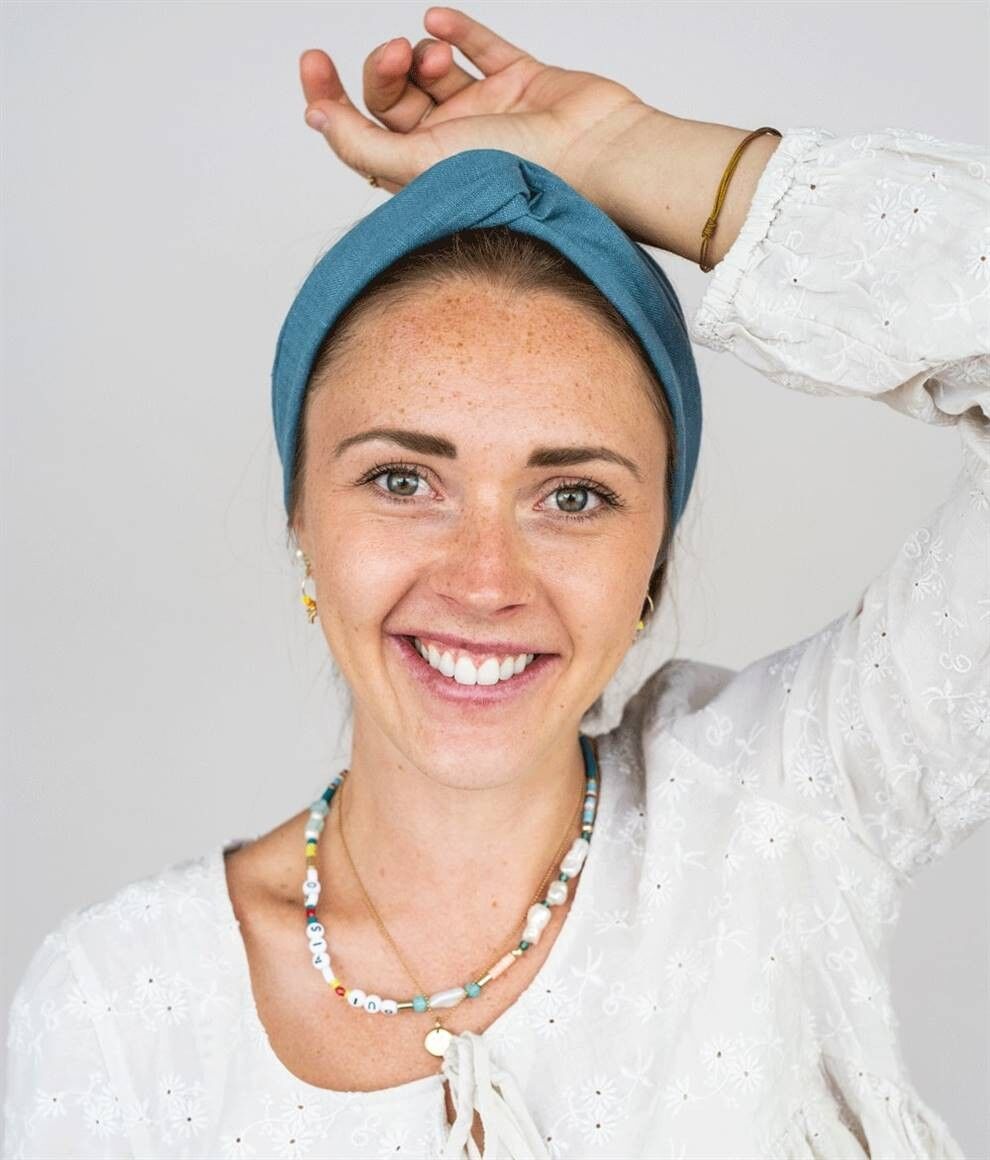 FASCIA PER CAPELLI "LOVE" IN LINO GRIGIO BLU