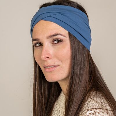 HEADBAND WITH WRAP DETAIL IN ORGANIC JERSEY GRAY BLUE