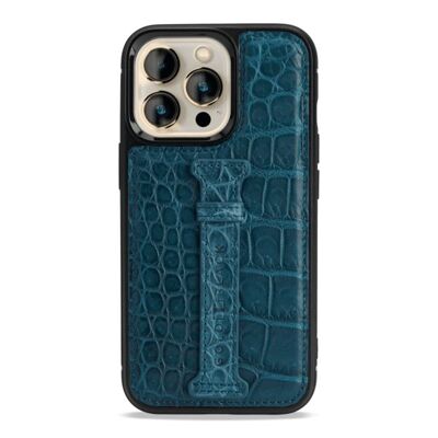 Étui en cuir pour iPhone 13 Pro avec passant pour les doigts crocodile bleu pétrole