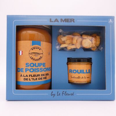 Geschenkbox mit Fischsuppe mit Fleur de Sel von der Ile de Ré, Topf mit Rouille und Croutons