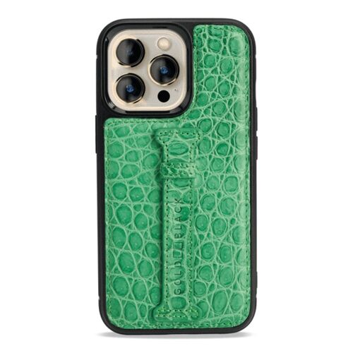 iPhone 13 Pro Leder Case mit Fingerschlaufe Krokodil grün