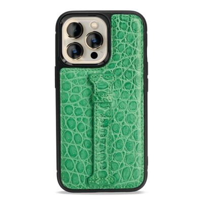 iPhone 13 Pro leather case with finger loop crocodile green