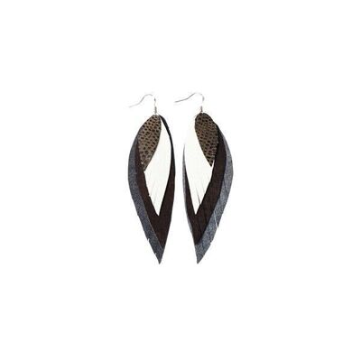 BOUCLES D'OREILLES EN CUIR | PLUME | Gris Noir Blanc