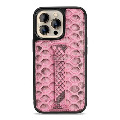 iPhone 13 Pro leather case with finger loop python pink