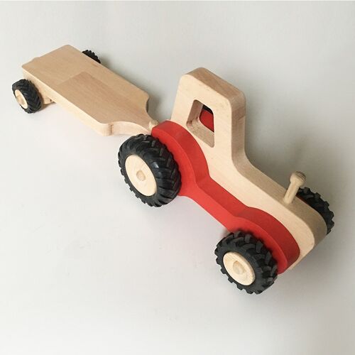 Serge le tracteur en bois - Rouge - Plateau simple essieu