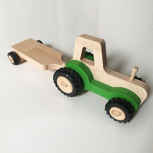 Serge le tracteur en bois - Vert - Plateau simple essieu