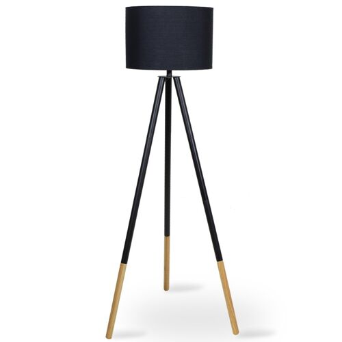 PWL-0004 pakoworld E27 black tripod floor lamp with oak legs in black tapered shade