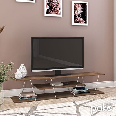 Meuble TV TARS pakoworld de couleur noyer avec détails chromés 143x32x31cm