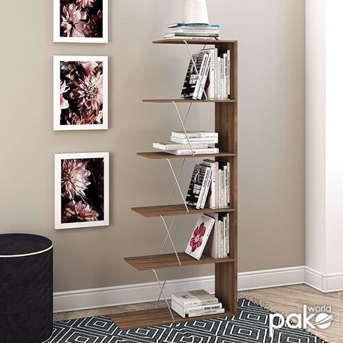 Bookcase mini TARS pakoworld in colour walnut with chrome details 65x22x146cm