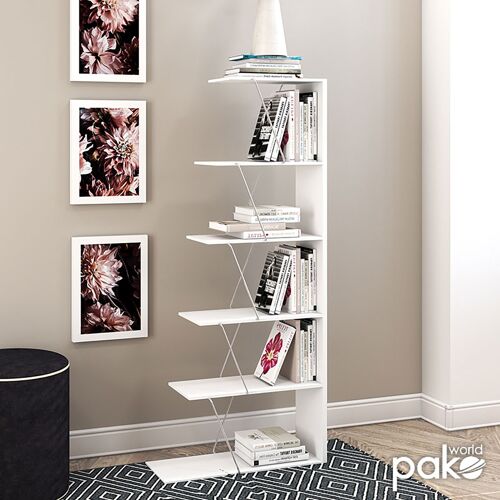Bookcase mini TARS pakoworld in colour white with chrome details 65x22x146cm