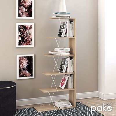 Libreria mini TARS pakoworld a colori sonoma con dettagli bianchi 65x22x146cm