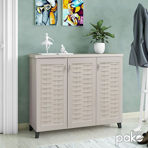 Shoe storage cabinet MANTAM pakoworld with 3 doors for 16 pairs of shoes in white grey color 115,5x40x92cm