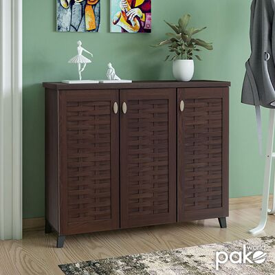 Shoe storage cabinet MANTAM pakoworld with 3 doors for 16 pairs of shoes in walnut color 115,5x40x92cm
