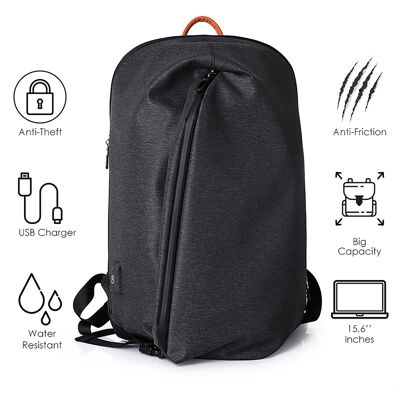 Antitheft backpack 15,6''+usb black waterproof TRV-010 pakoworld
