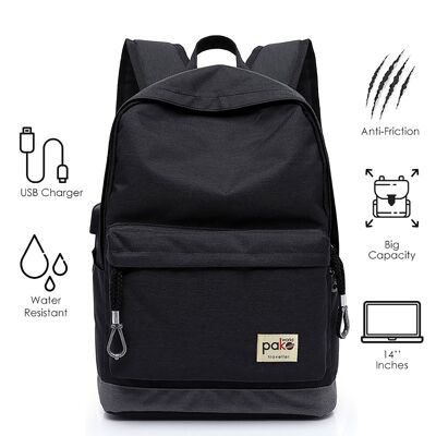 Laptop backpack 14''+usb black waterproof TRV-011 pakoworld