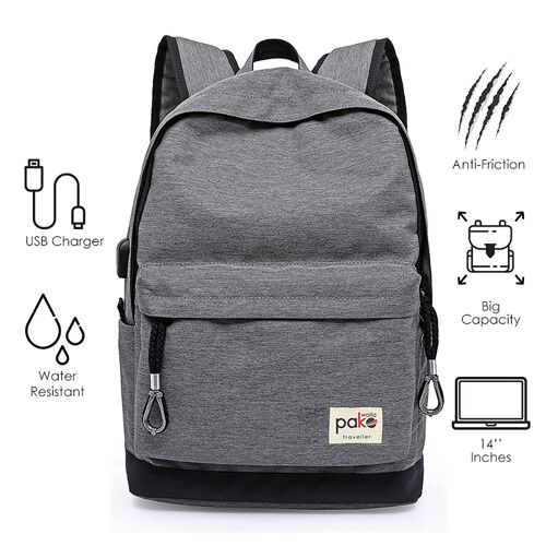 Laptop backpack 14''+usb grey waterproof TRV-0011 pakoworld