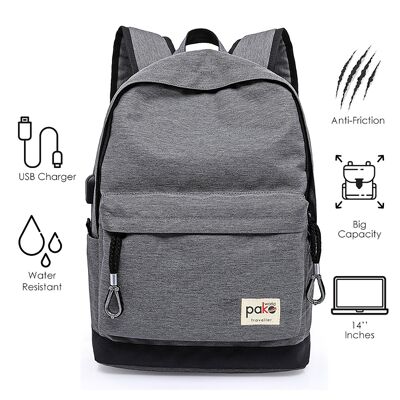 Sac à dos pour ordinateur portable 14''+usb gris étanche TRV-0011 pakoworld