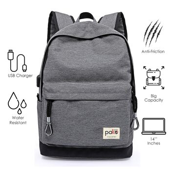 Sac à dos pour ordinateur portable 14''+usb gris étanche TRV-0011 pakoworld 1